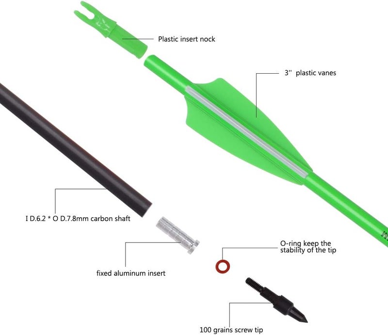 TY Archery Carbon Arrow Archery 26 28 30inch Hunting Target Practice Arrows for Compound & Recurve Bow Spine 500 with Removable Tips (Pack of 12) - Image 2